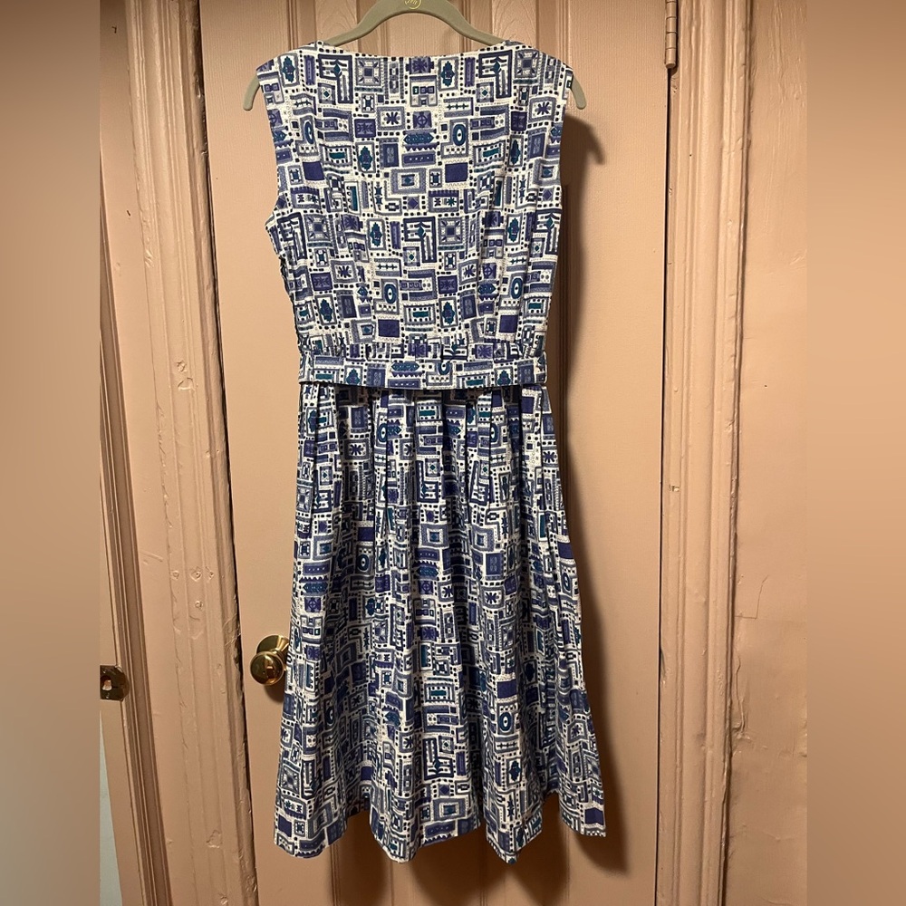60s Vintage St Michael Geometric Pattern Belted Dress Blue white Medium